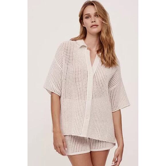 NEW Naked Cashmere Wren Crochet Short Sleeve Cashmere Shirt in Alabaster Medium - Picture 1 of 11